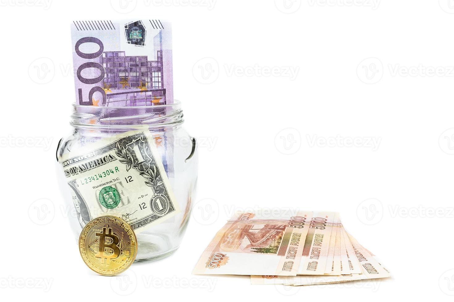 Dollar and bitcoin white background photo