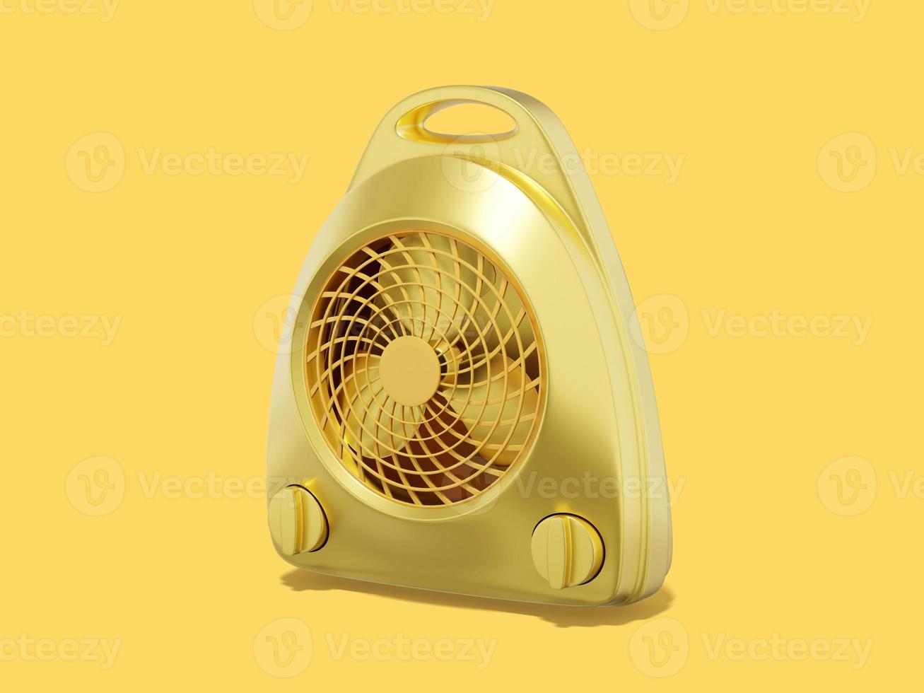 representación 3d calentador de ventilador dorado sobre fondo amarillo. foto