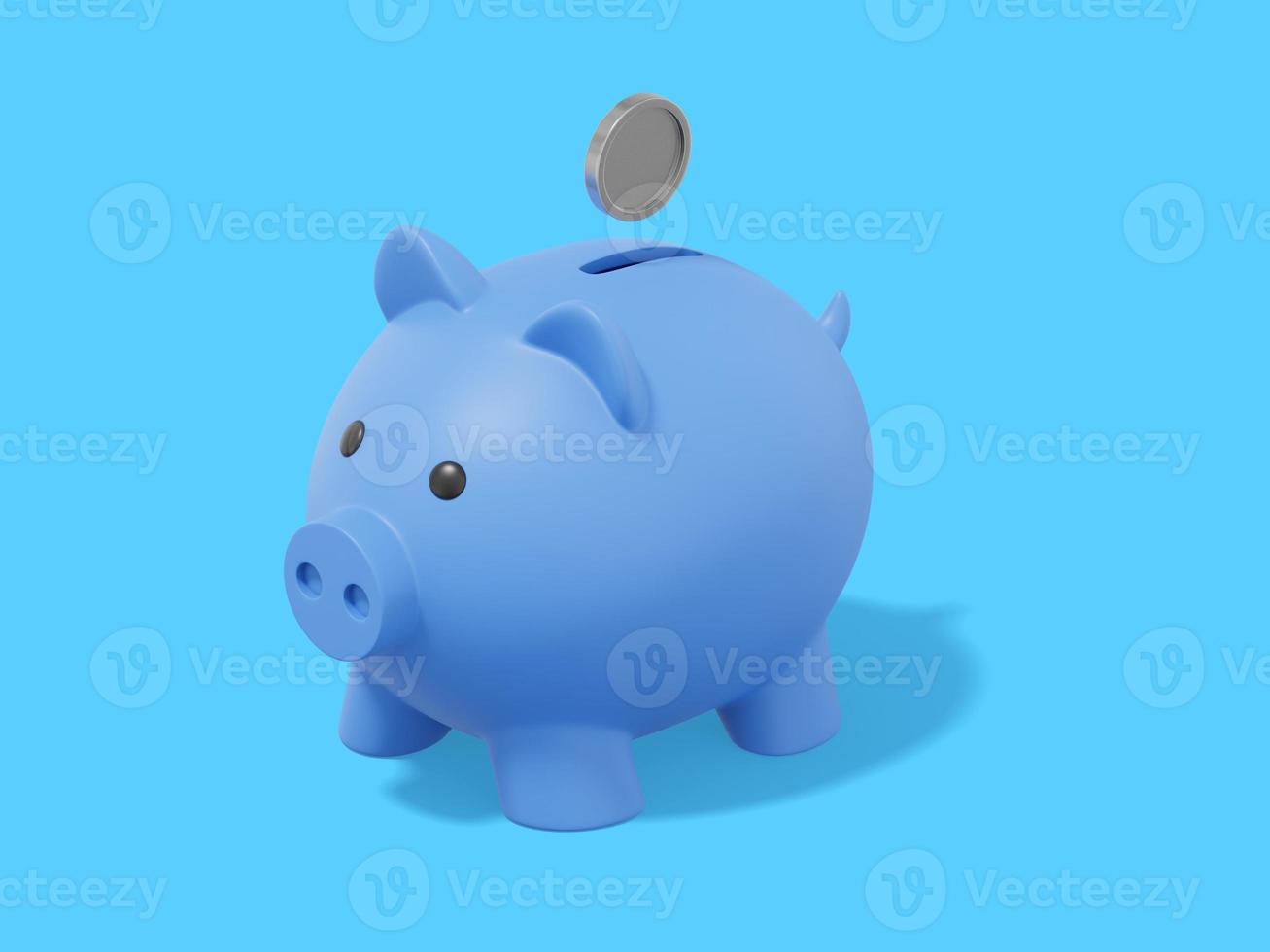 Accumulation of savings icon. 3D rendering. Blue piggy bank with falling coins on blue background. photo