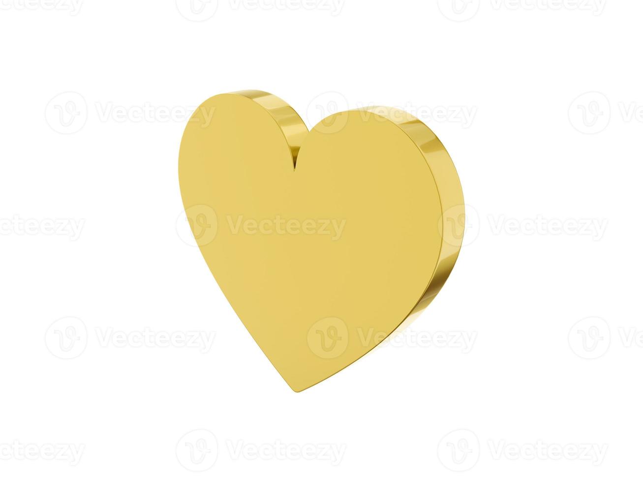 Flat metal heart. Symbol of love. Golden mono color. On a white solid background. Right side view. 3d rendering. photo