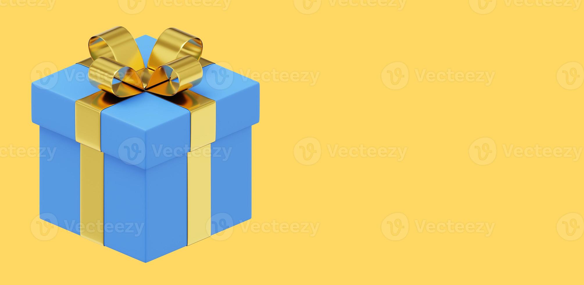 Realistic blue gift box with gold ribbon. 3D rendering. Icon on yellow background, text space. photo