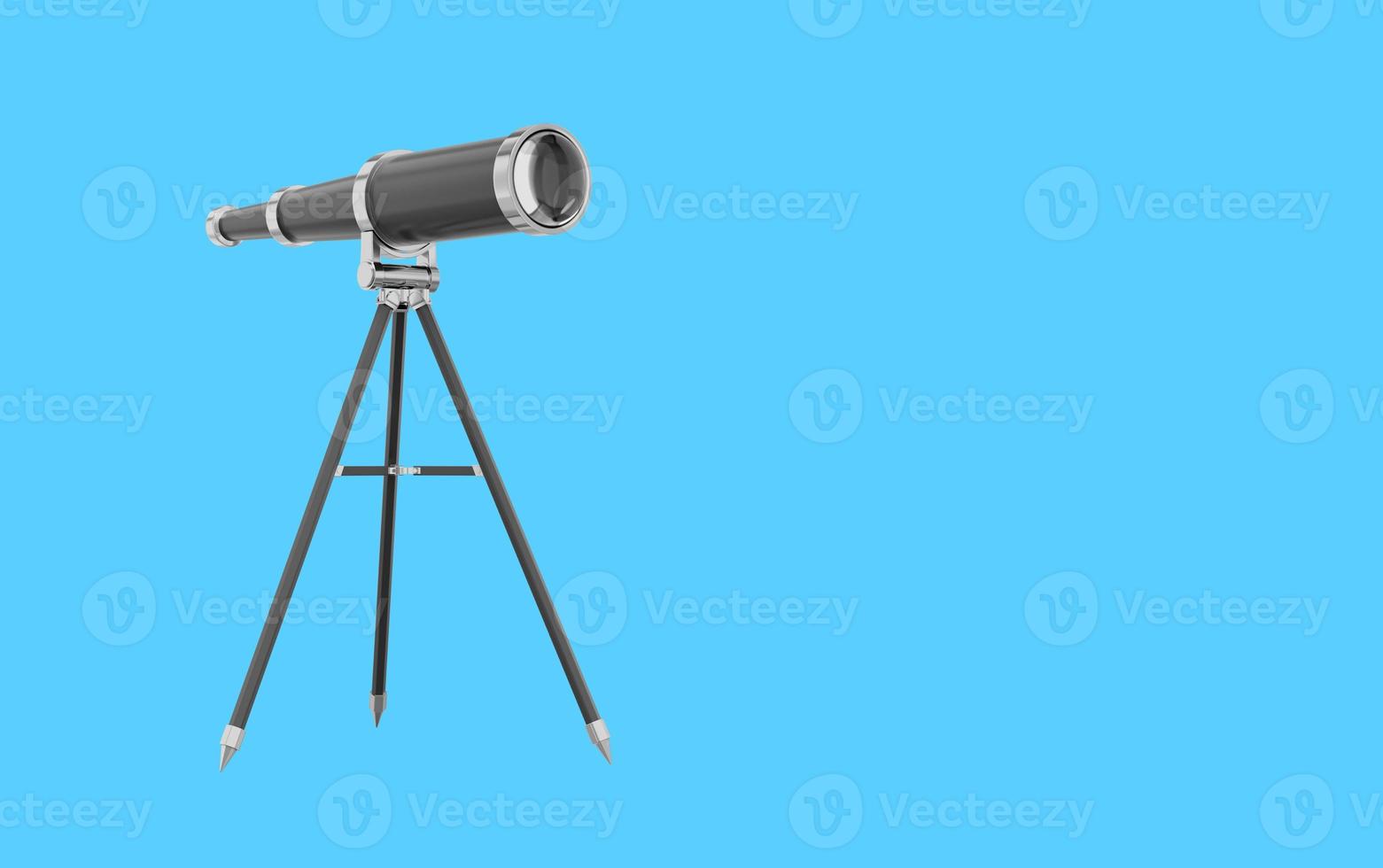 Realistic black telescope. 3d rendering. Icon on blue background, space for text. photo