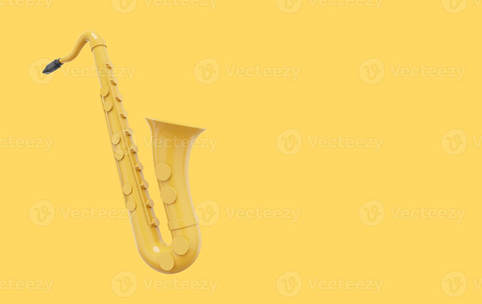 Yellow saxophone, musical instrument, from side. 3d rendering. Icon on yellow background, space for text. photo