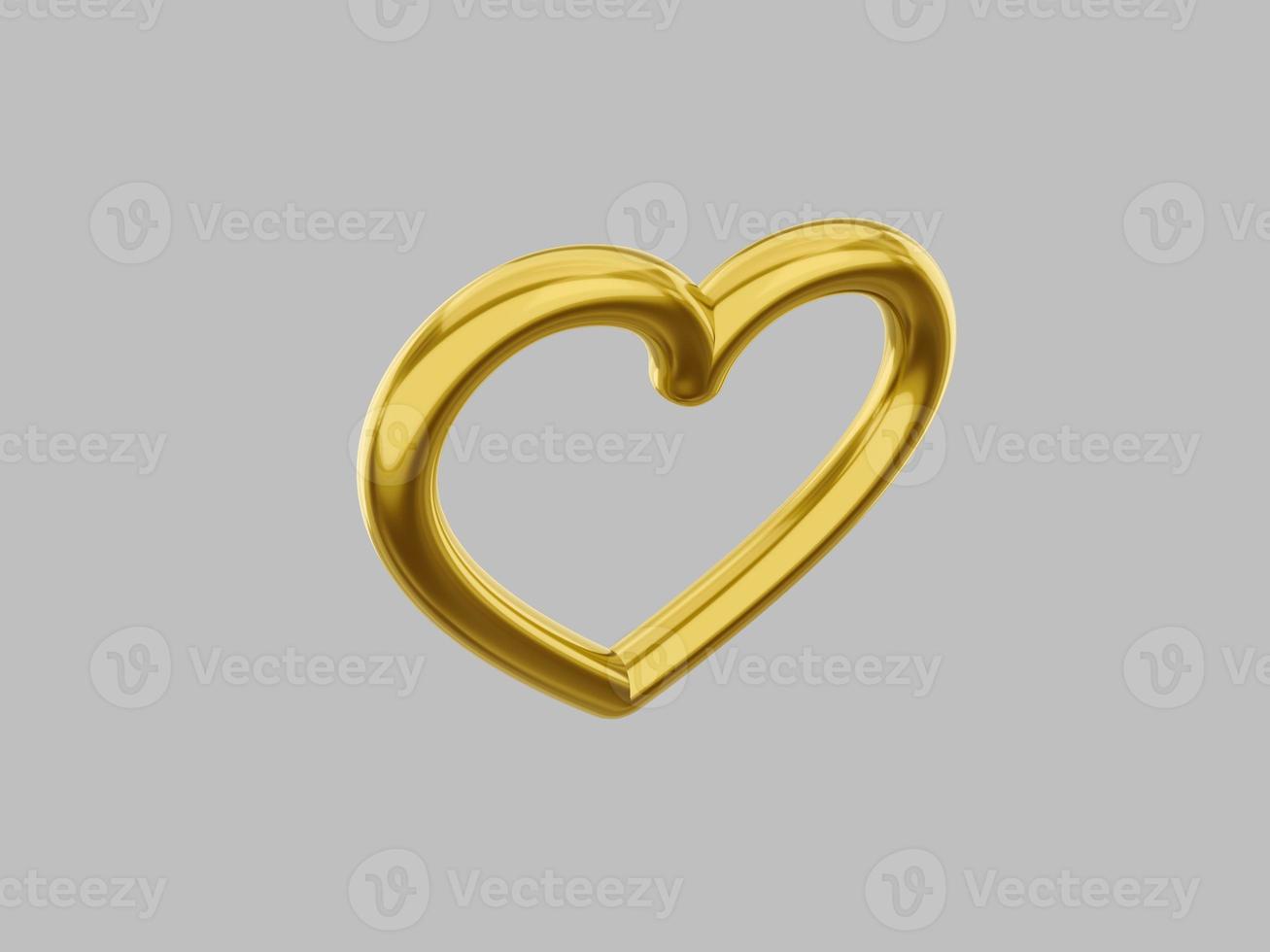 Toy metal heart. Golden single color. Love symbol. On a gray monochrome background. Top view. 3d rendering. photo