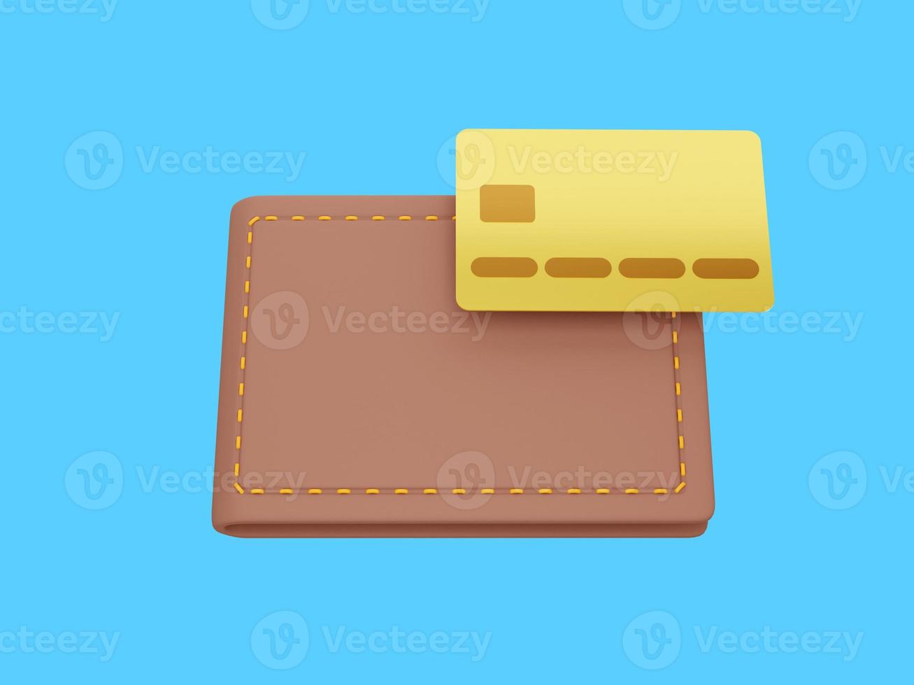 Savings, enrichment icon. Closed wallet with a credit card on a blue background. Payment concept. 3d rendering. photo