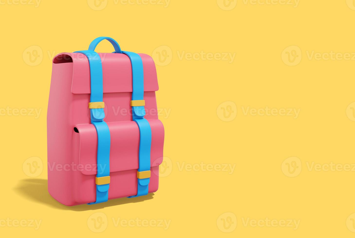 Travel luggage. Multicolored tourist city backpack on yellow background with space for text. 3d rendering. photo