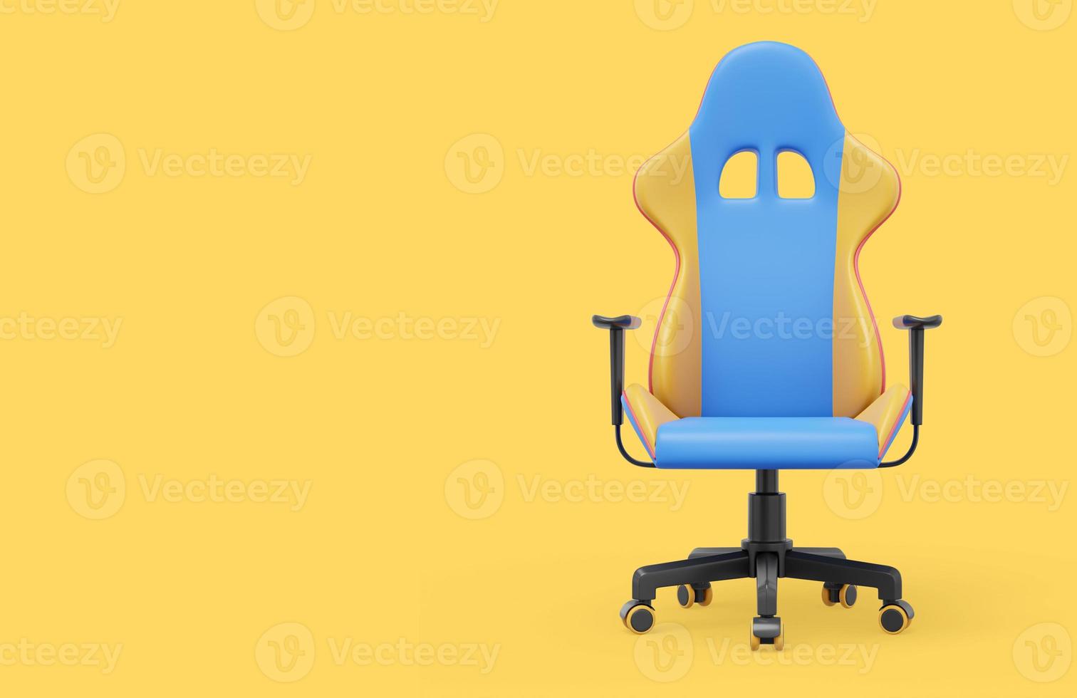 Multicolored gaming armchair. 3D rendering. Icon on yellow background, space for text. photo