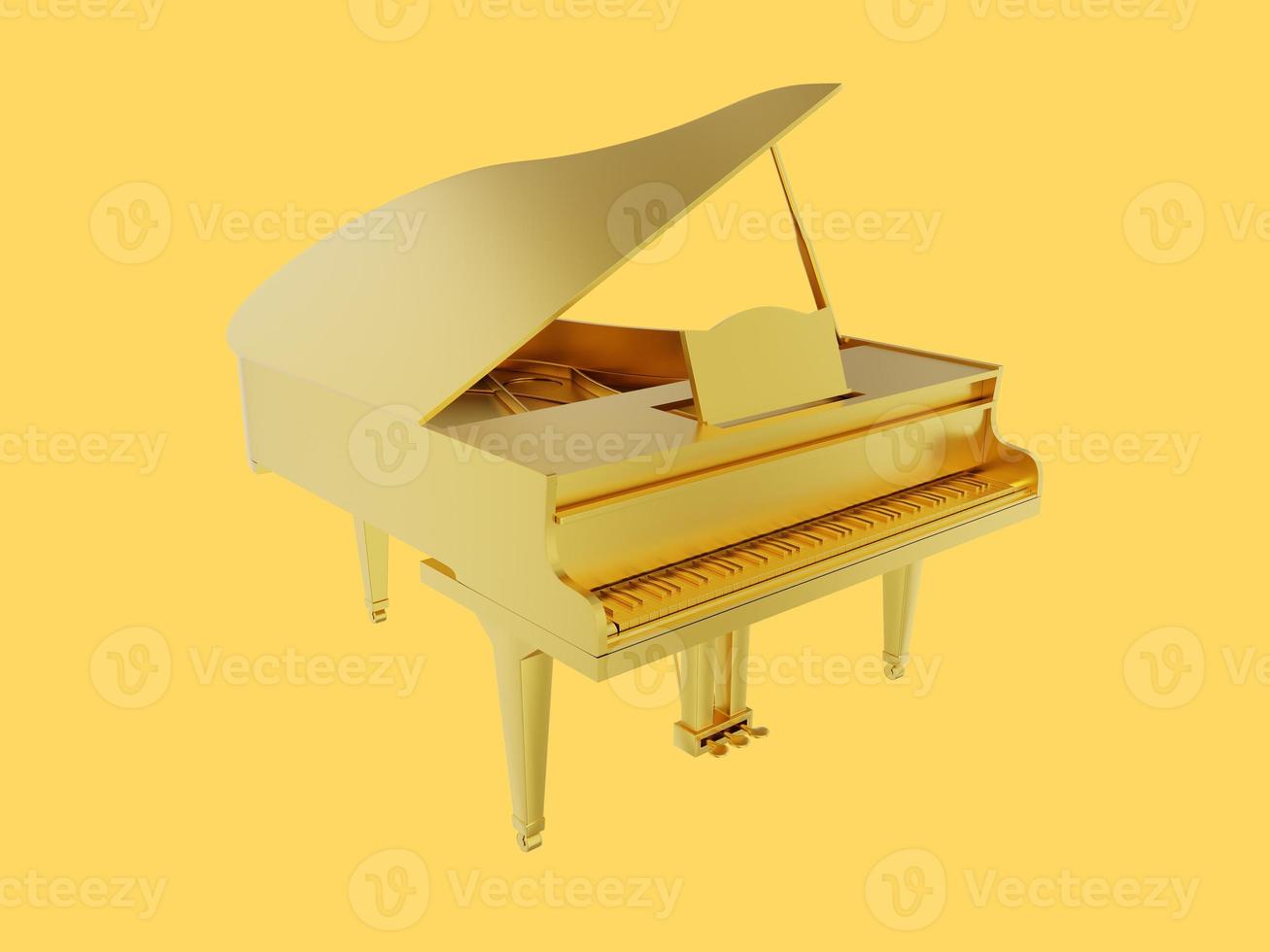 piano de cola metal dorado, instrumento musical. representación 3d icono sobre fondo amarillo. foto