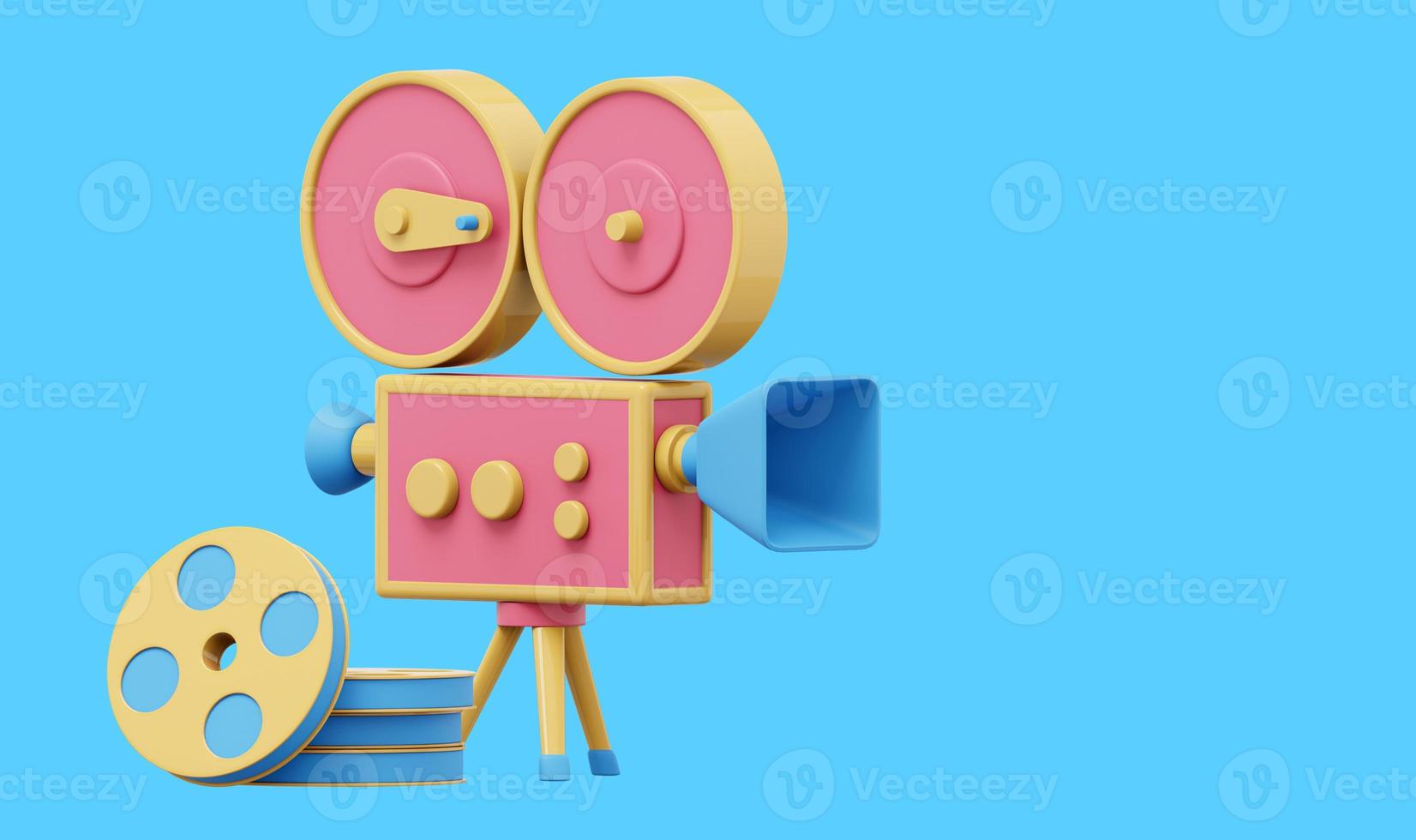 Vintage red cartoon style movie camera. Funny retro video camera. 3D rendering. Icon on blue background, text space. photo