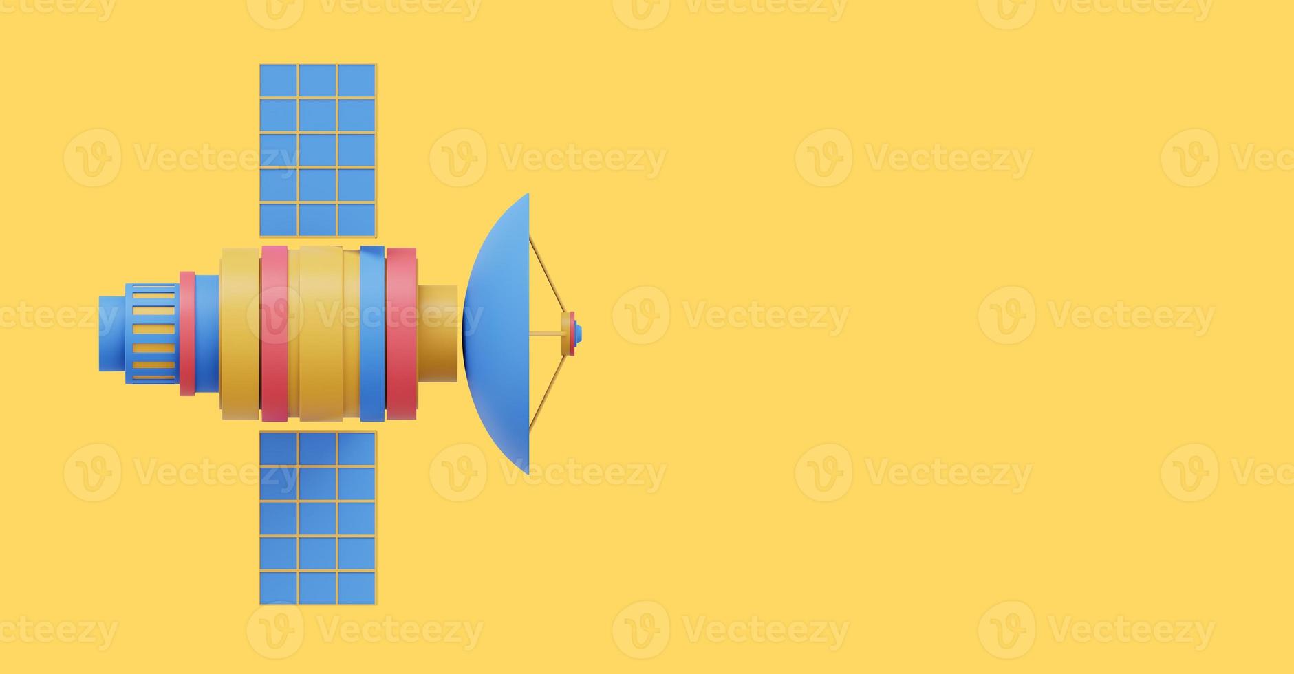 Satélite espacial con antena. estación de comunicación orbital inteligencia, investigación. representación 3d icono multicolor sobre fondo de color con espacio para texto. foto