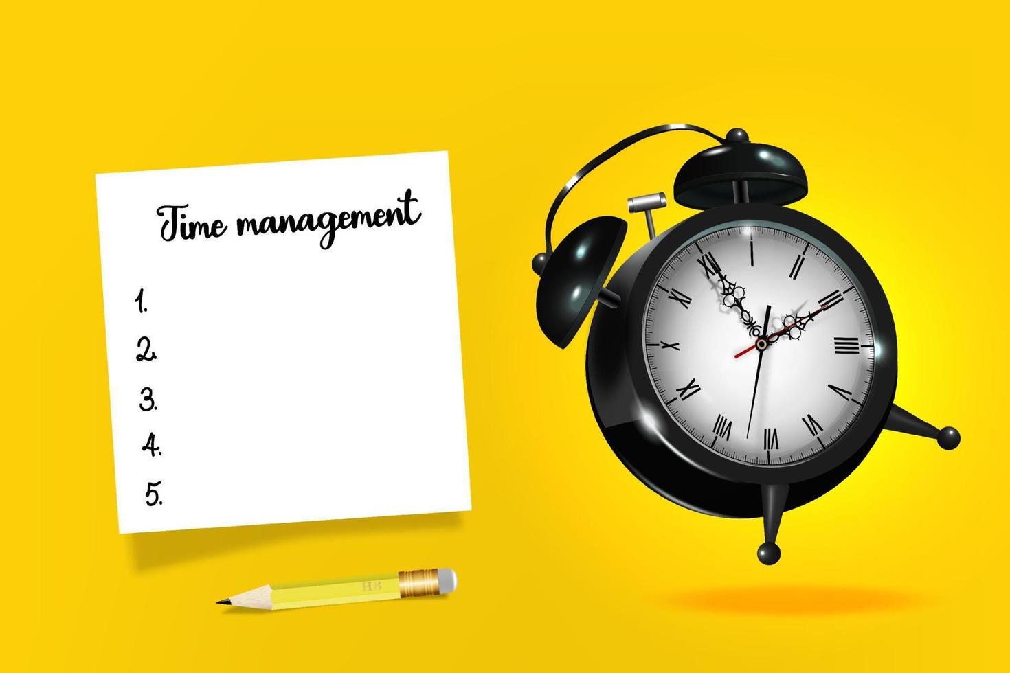 Time management concept. Black alarm clock on a yellow background. vector