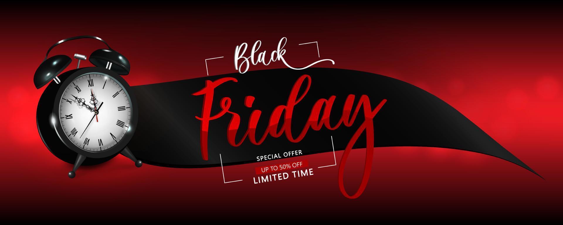 Black Friday in red on a black ribbon with an alarm clock. Holiday sale illustration, discounts. Vintage design for purchase. vector