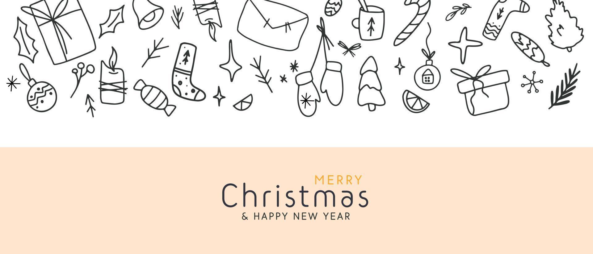 Horizontal border ornament Merry Christmas Happy New Year with hand drawn winter element banner vector