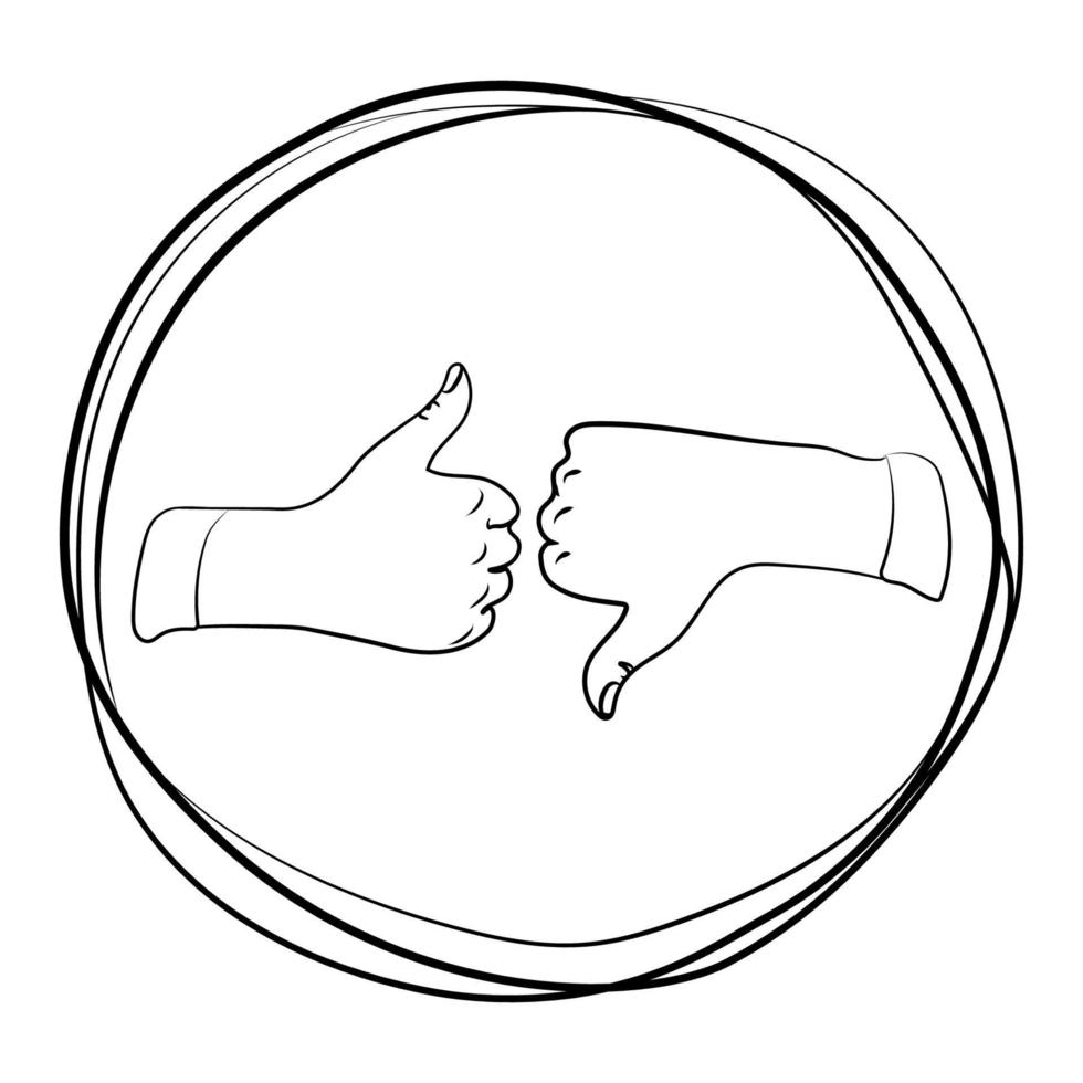 Like and dislike line icon,emblem logo design template vector isolated illustration. Thumbs up and thumbs down in a round frame black and white sketch drawing.Modern graphic elements