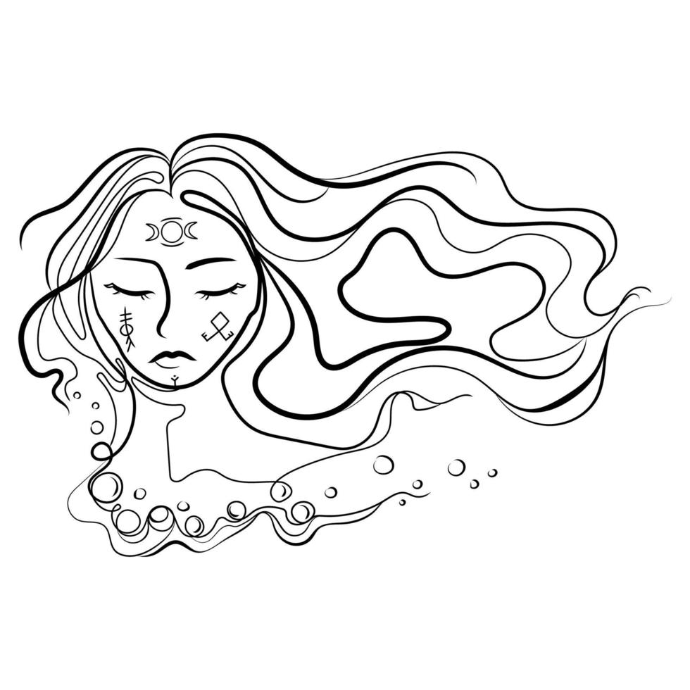 retrato de mujer de arte de línea abstracta con cabello largo y runas escandinavas y signo de luna triuna en la cara, ilustración vectorial de dibujo de línea, niña de fantasía joven, idea de bruja.tatuaje, impresión de moda moderna. vector