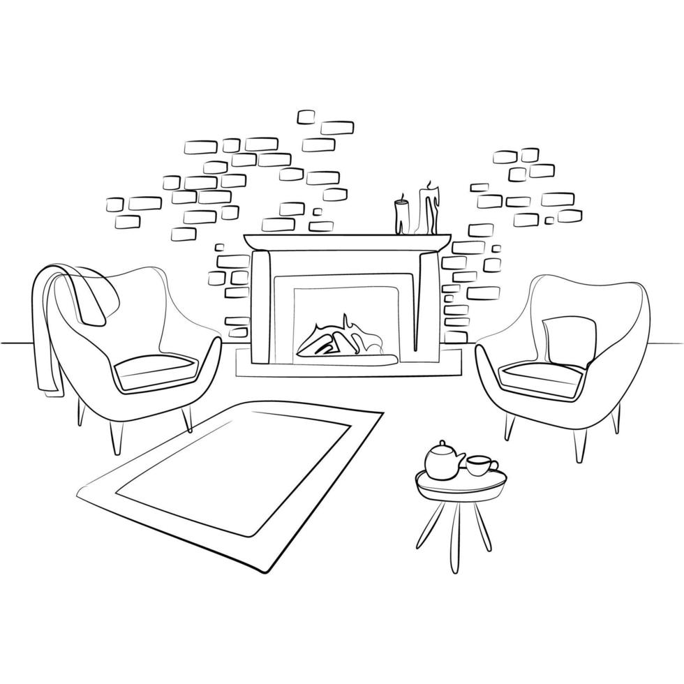 interior de la casa con chimenea y dos sillones, mesa de centro, pared de ladrillo, dibujo de líneas en la ilustración de vector de estilo boceto. acogedora sala de estar en estilo minimalista moderno, lugar para relajarse. área de chimenea