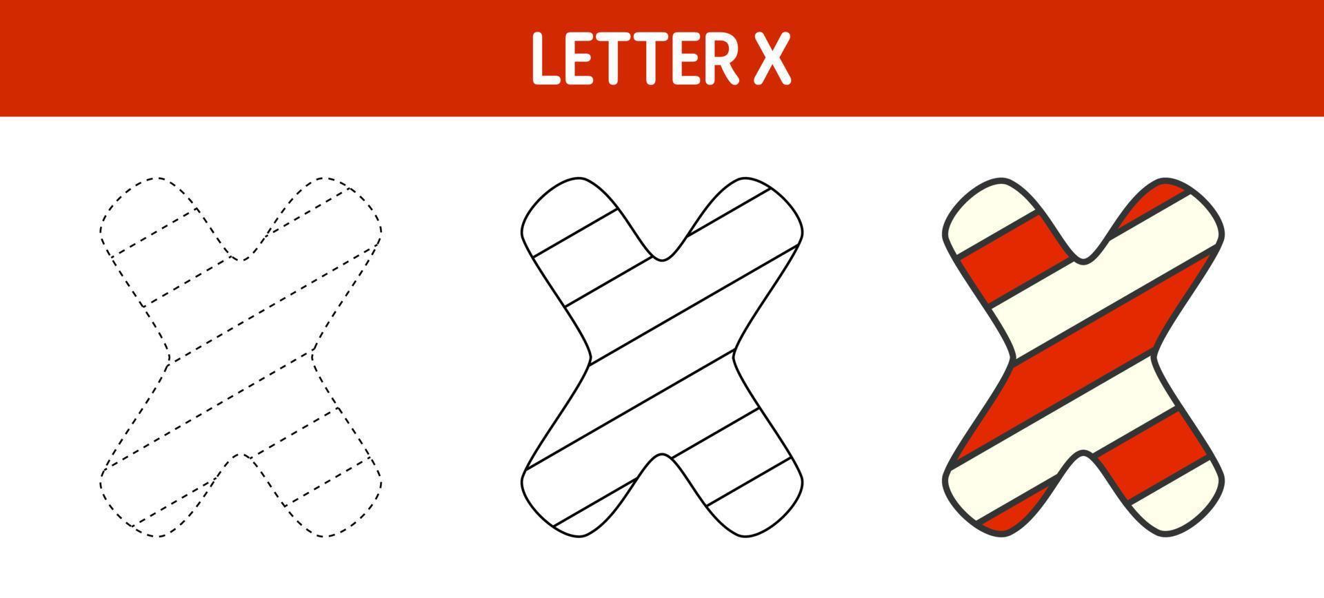 Letter X Candy Cane, tracing and coloring worksheet for kids vector