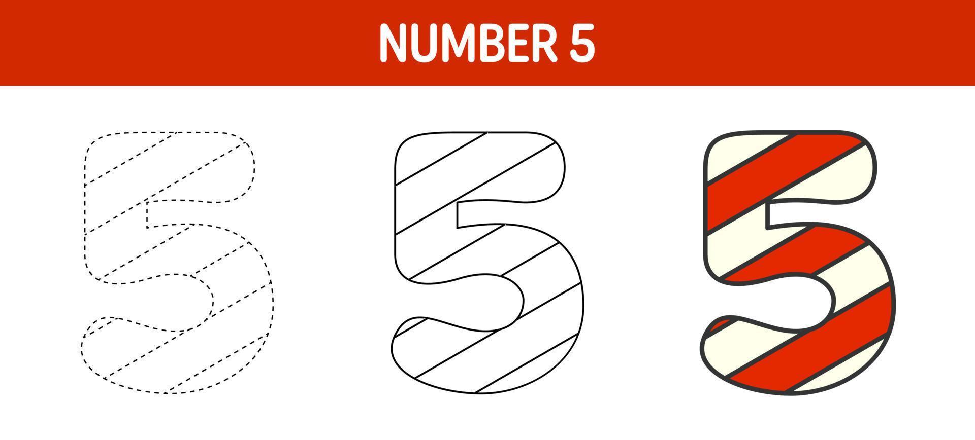 Number 5 Candy Cane, tracing and coloring worksheet for kids vector