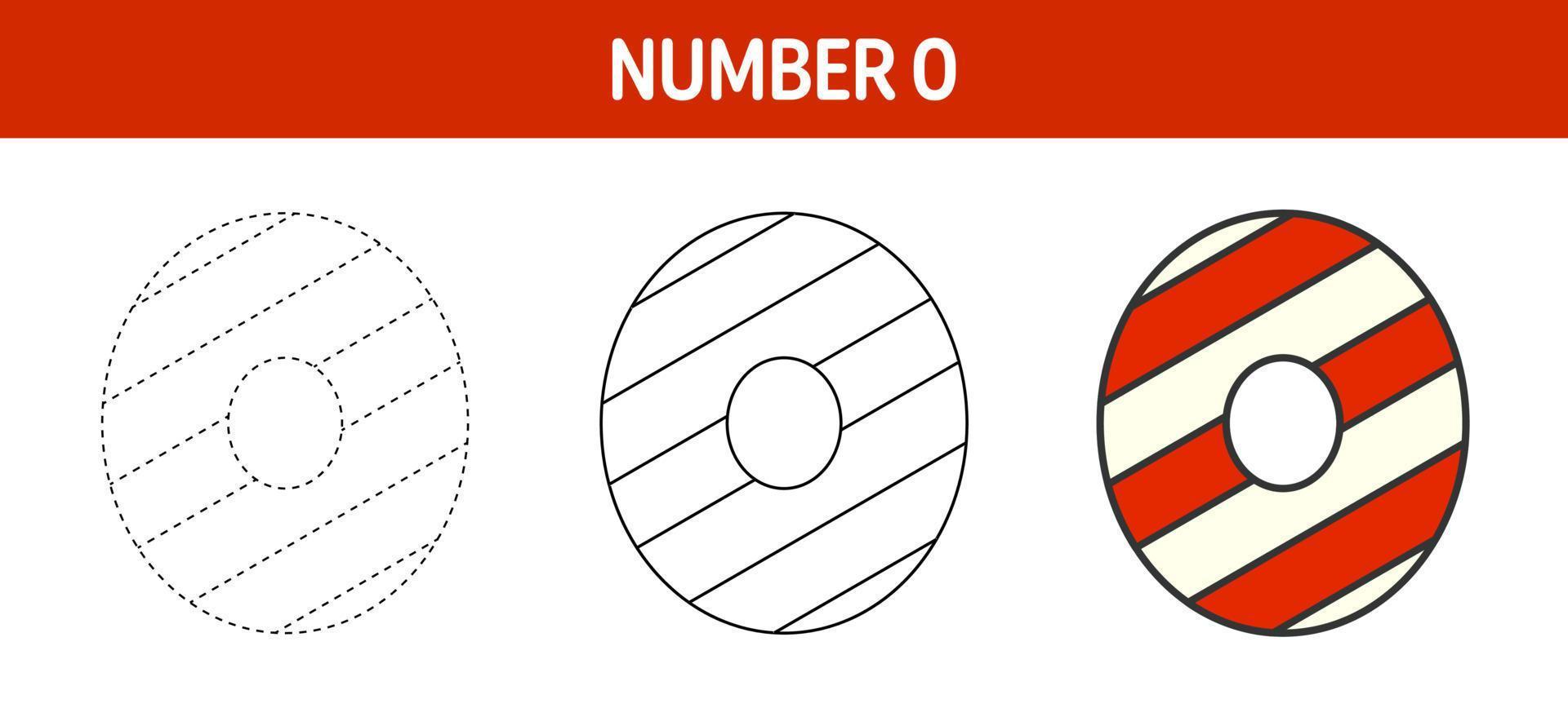 Number 0 Candy Cane, tracing and coloring worksheet for kids vector