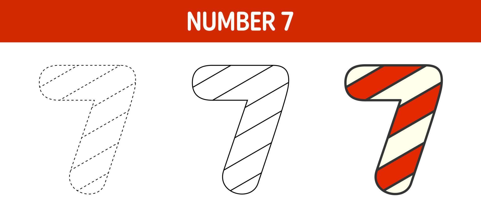 Number 7 Candy Cane, tracing and coloring worksheet for kids 13466170
