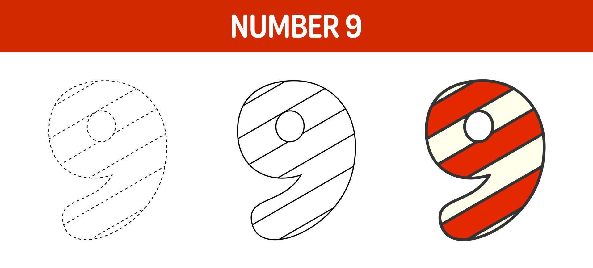 Number 9 Candy Cane, tracing and coloring worksheet for kids vector