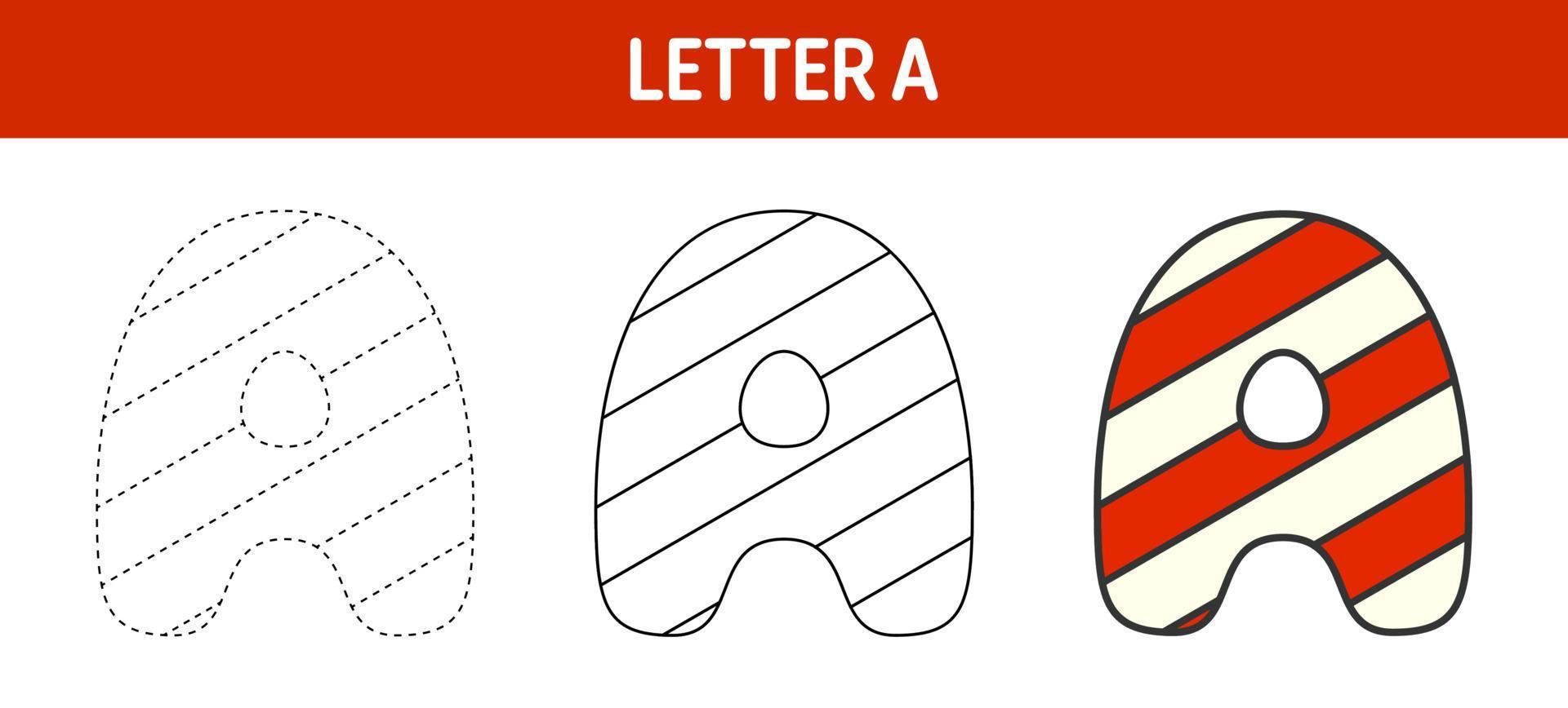 Letter A Candy Cane, tracing and coloring worksheet for kids vector