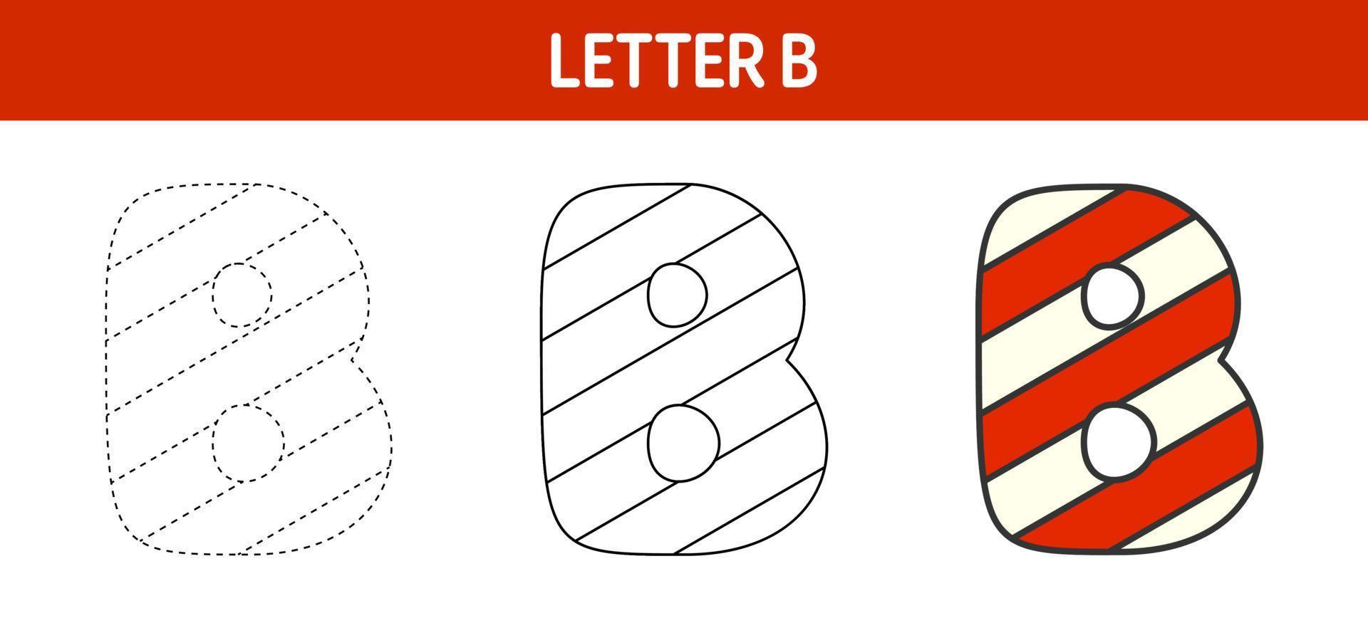 Letter B Candy Cane, tracing and coloring worksheet for kids vector