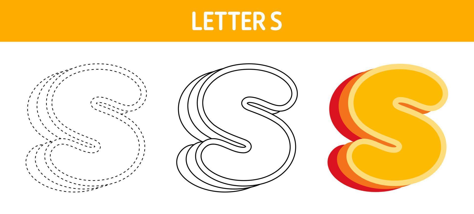 Letter S Orange, tracing and coloring worksheet for kids vector