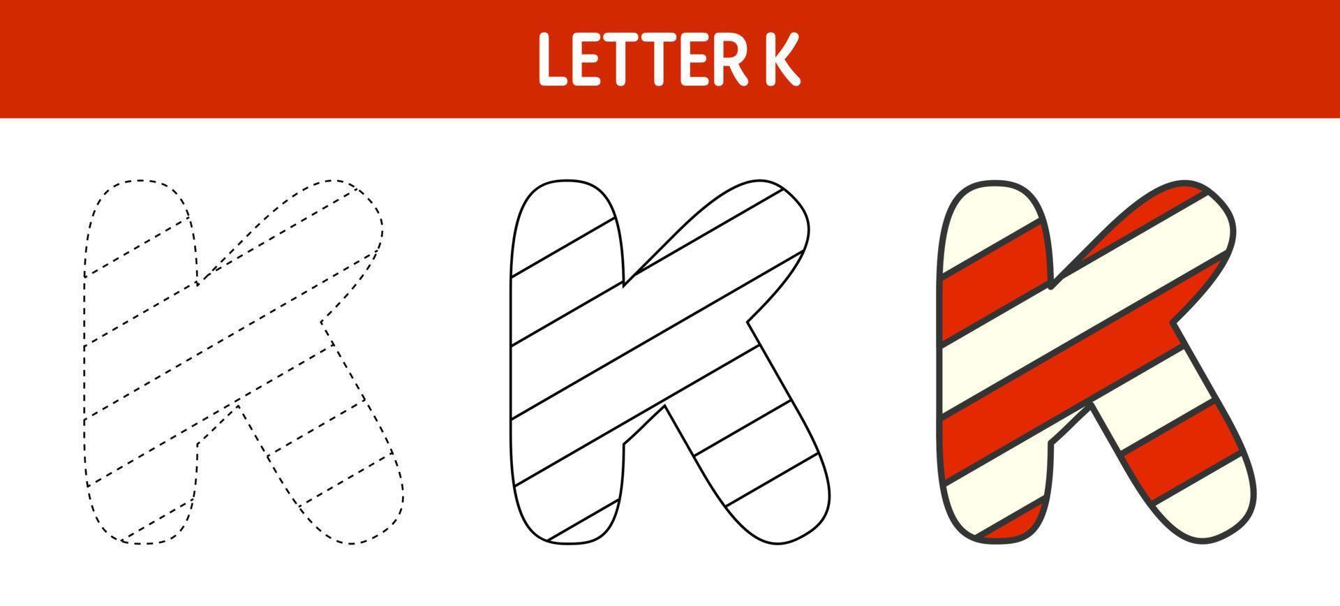 Letter K Candy Cane, tracing and coloring worksheet for kids vector