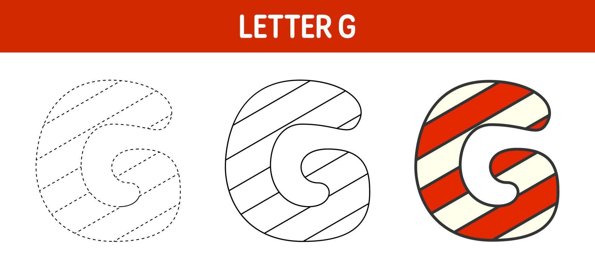 Letter G Candy Cane, tracing and coloring worksheet for kids vector