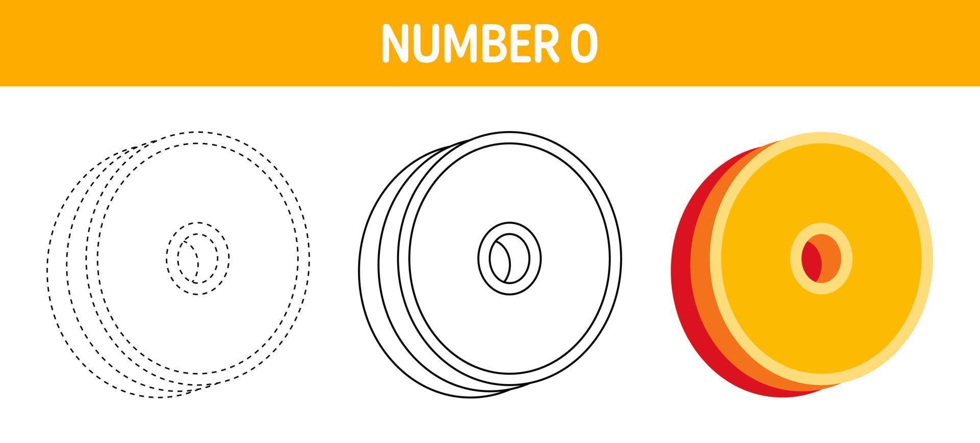 Number 0 Orange, tracing and coloring worksheet for kids vector