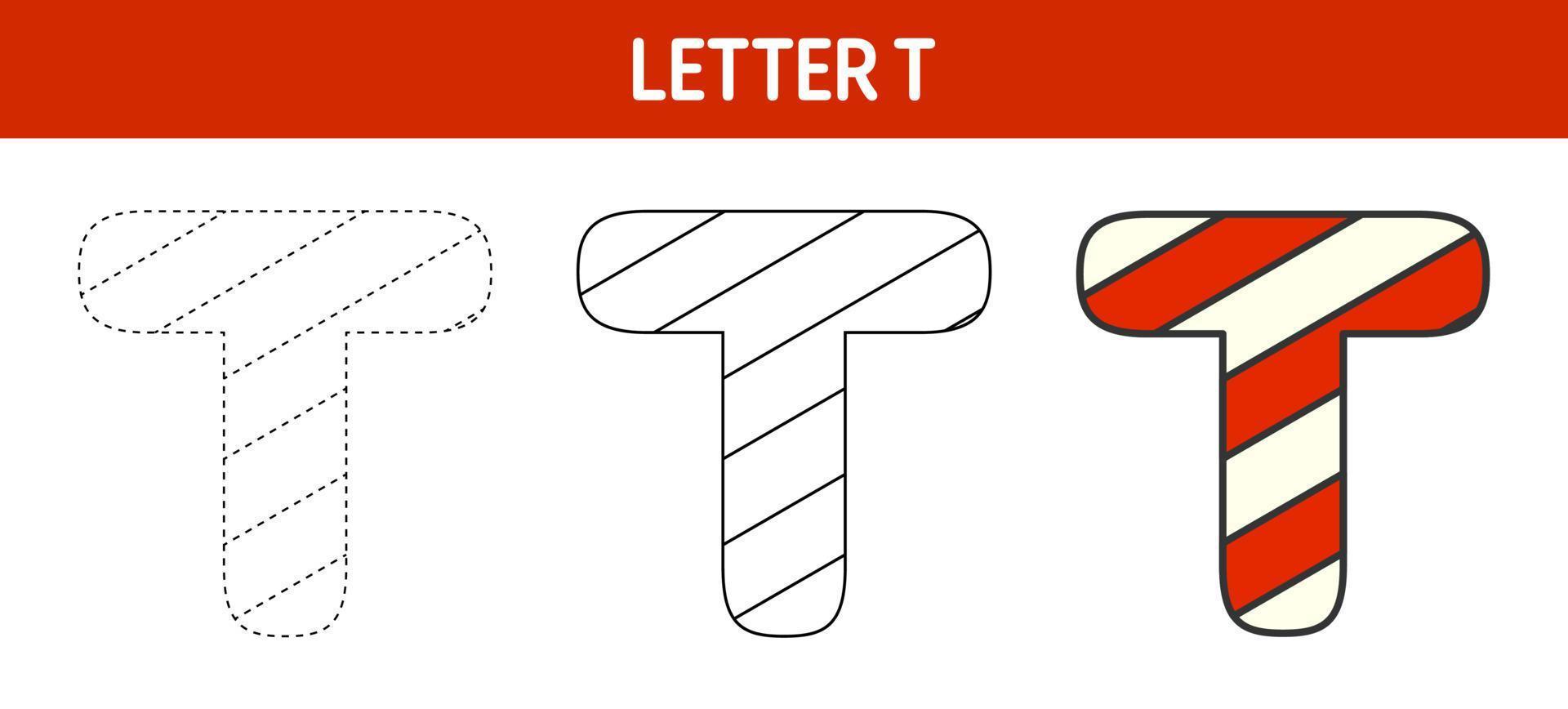 Letter T Candy Cane, tracing and coloring worksheet for kids vector