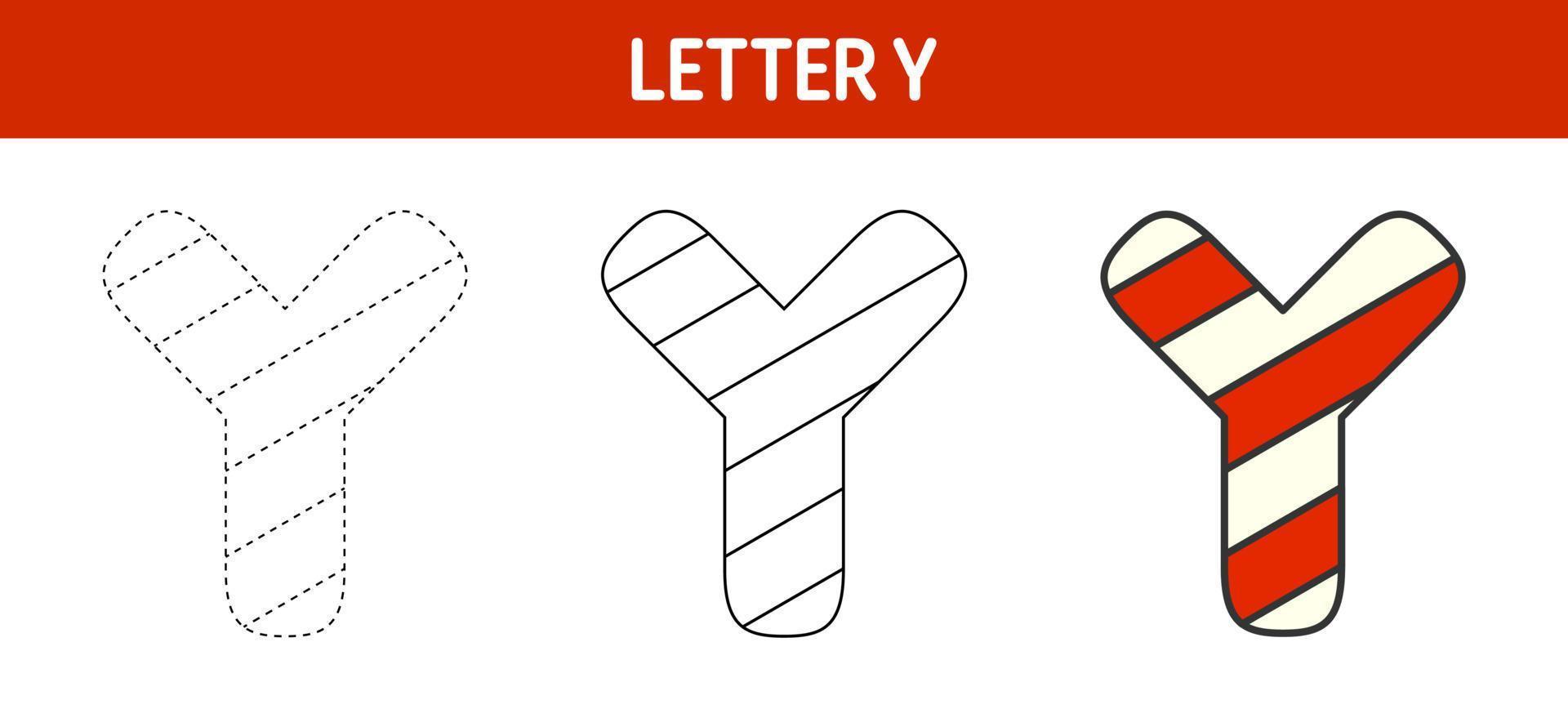 Letter Y Candy Cane, tracing and coloring worksheet for kids vector