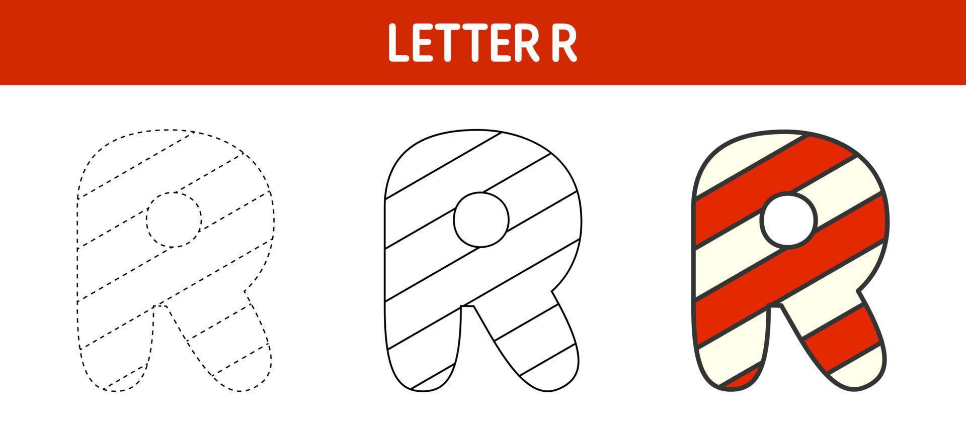 Letter R Candy Cane, tracing and coloring worksheet for kids vector