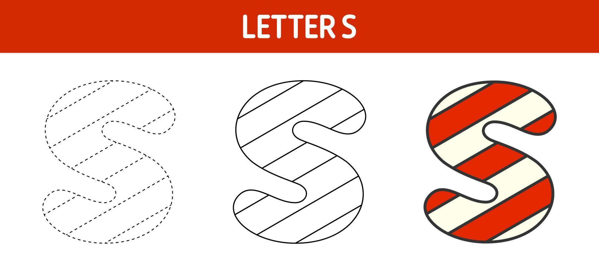 Letter S Candy Cane, tracing and coloring worksheet for kids vector