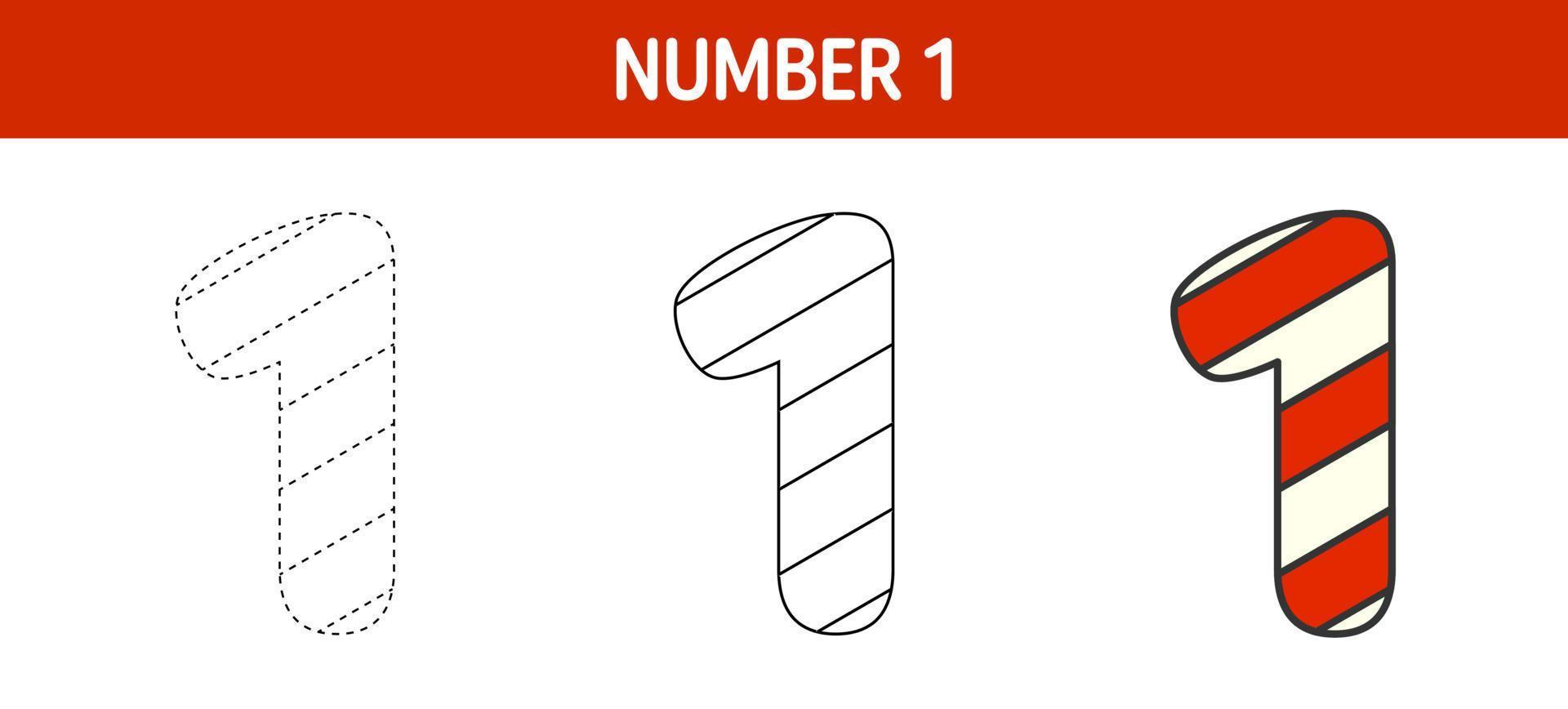 Number 1 Candy Cane, tracing and coloring worksheet for kids vector
