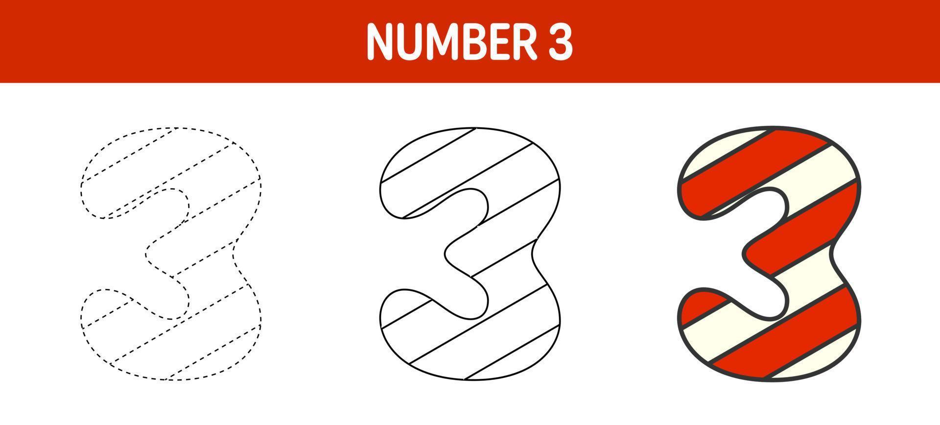 Number 3 Candy Cane, tracing and coloring worksheet for kids vector