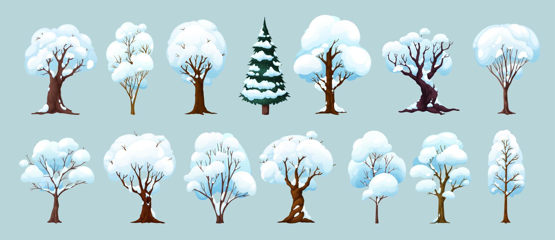 Cartoon winter trees, forest and garden plants set vector