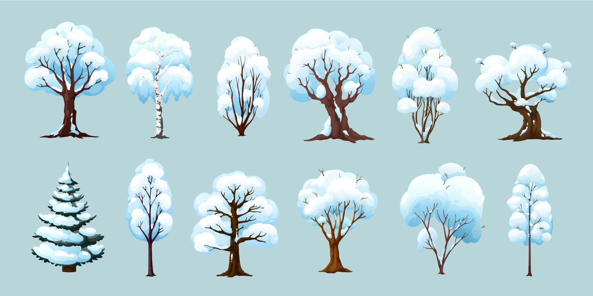 árboles de invierno de dibujos animados, plantas aisladas con nieve vector