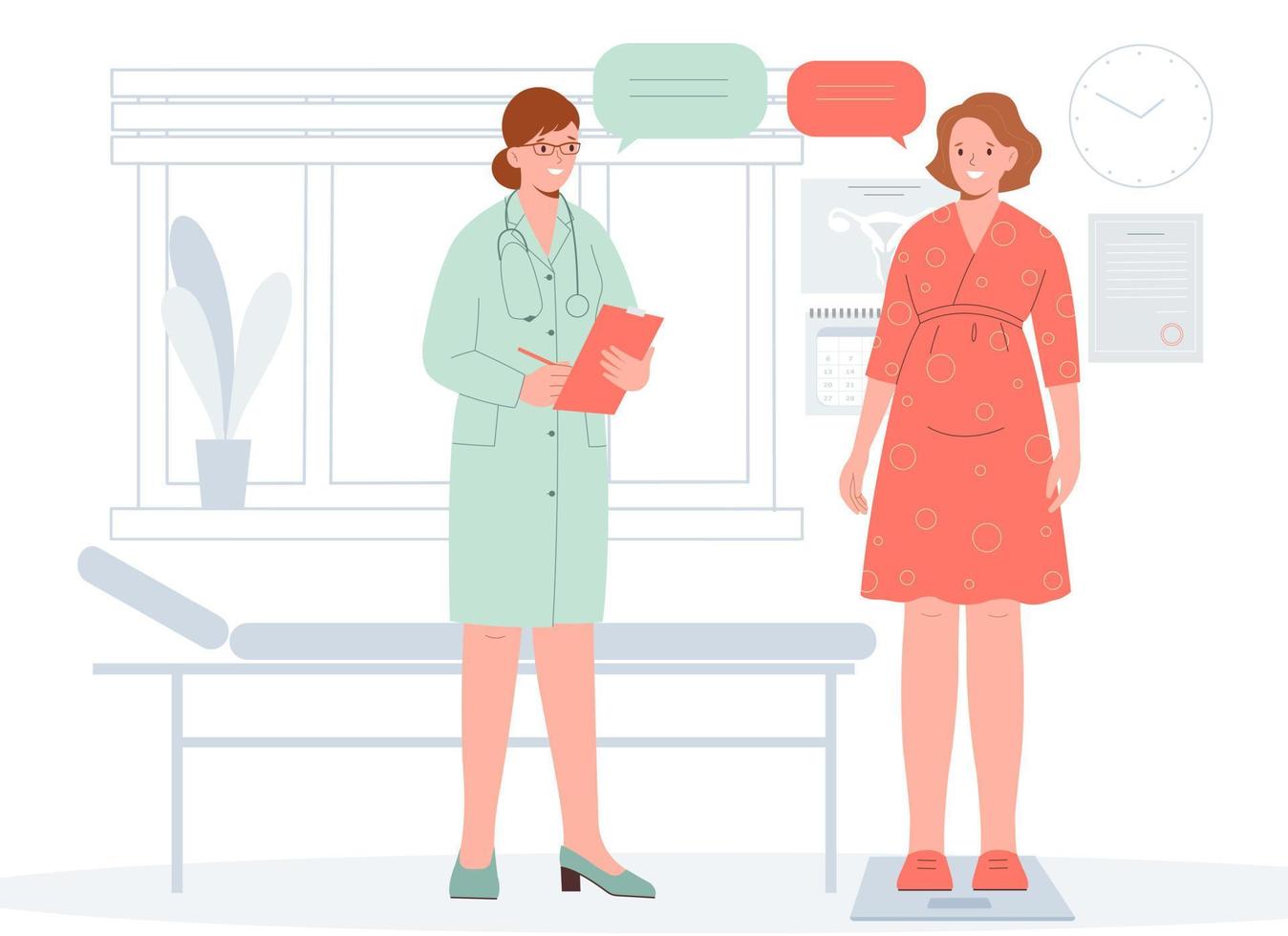 Happy pregnant woman standing on scales. Gynecology doctor do check up of pregnant woman during appointment in clinic. Healthy pregnancy concept vector