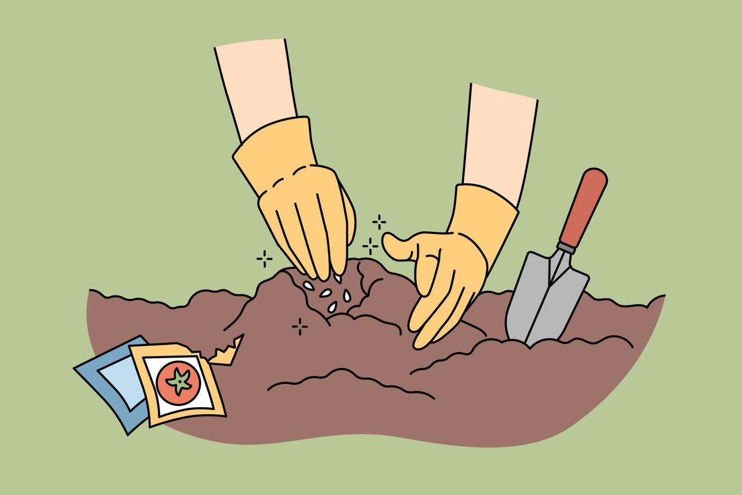 Farmer hands working in ground plating seedling in soil. Person gardener busy at garden with plants and horticulture. Agriculture and farming. Vector illustration.