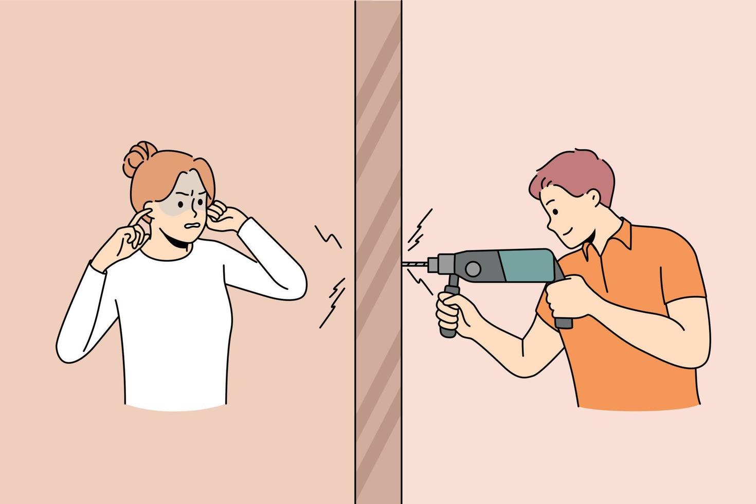 Woman annoyed with loud neighbor making home repair. Male with drill bother female neighbour with unbearable noise indoors. Vector illustration.