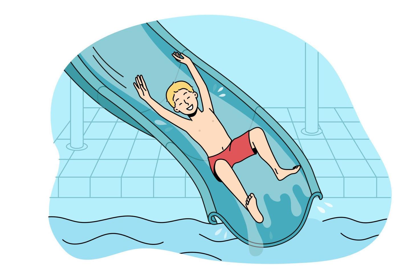 Overjoyed small boy riding from slide in aqua park. Smiling kid have fun enjoy water outdoor attractions in water park. Summer vacation. Vector illustration.