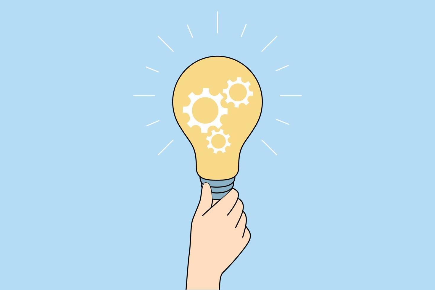 Person holding lightbulb generate creative business idea. Businessperson with light bulb brainstorm solve problem. Solution and innovation. Vector illustration.