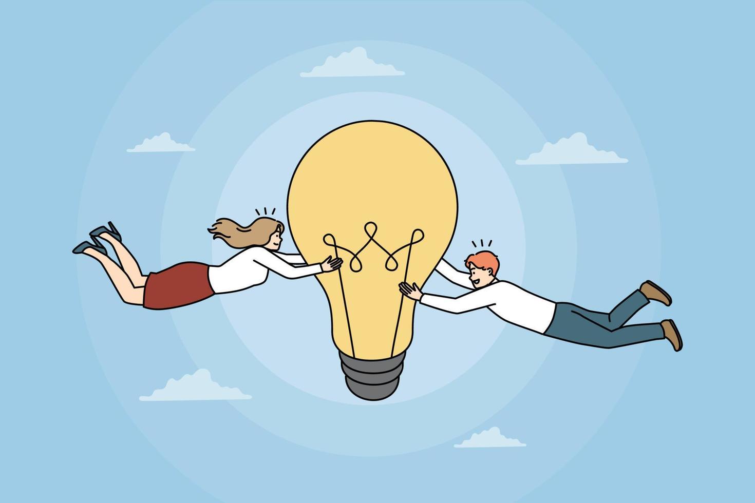 Business creativity and Teamwork concept. Young smiling partners colleagues teammates having great innovative idea reaching for success in business vector illustration