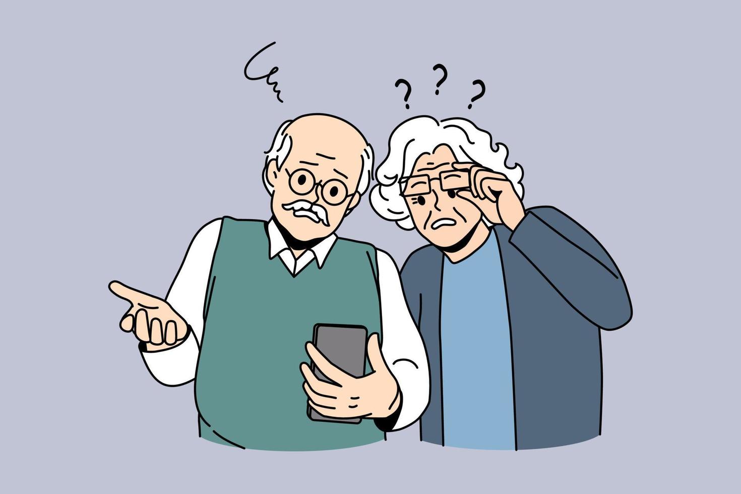 concepto de personas y tecnologías maduras. pareja de ancianos frustrados mirando el teléfono inteligente usando Internet que tiene problemas con la ilustración de vector de gadget