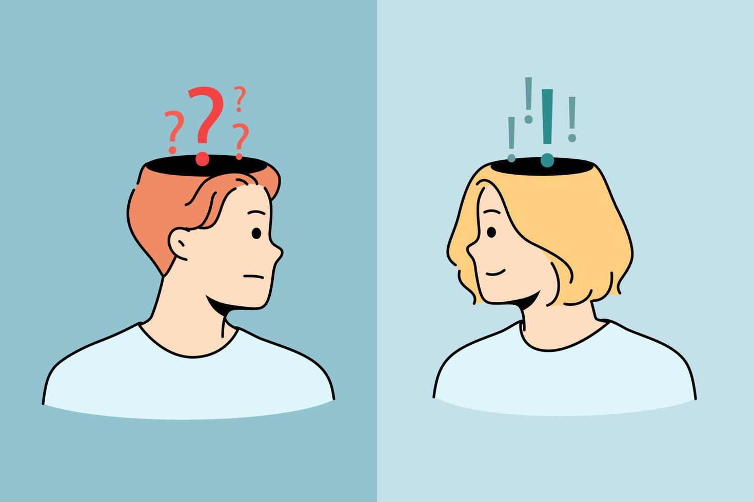 Doubt asking and declaiming concept. Frustrated man asking with question mask on head looking at confident woman having answer feeling sure vector illustration