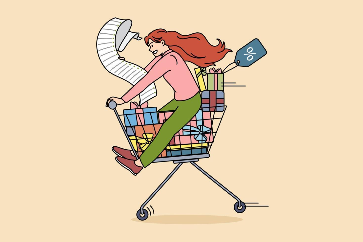 descuentos de compras y concepto de ventas. feliz joven mujer emocionada montando en carro con bolsas de compras y cheques sintiéndose positivo ilustración vectorial vector