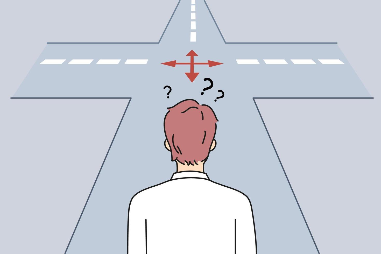 Frustration and choosing way concept. Businessman standing backwards and thinking trying to choose between many opportunities and ways making choice vector illustration