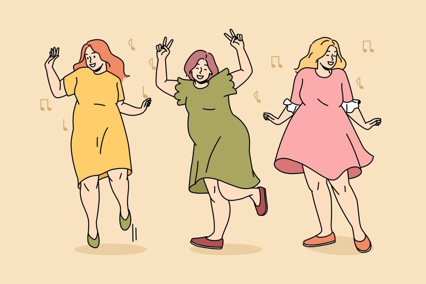 cuerpo positivo y concepto de estilo de vida. grupo de mujeres jóvenes alegres y alegres de talla grande bailando obsoletas divirtiéndose disfrutando de la vida juntas ilustración vectorial vector